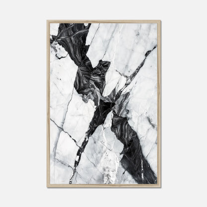 Natural oak framed black and white marble wall art on a white background