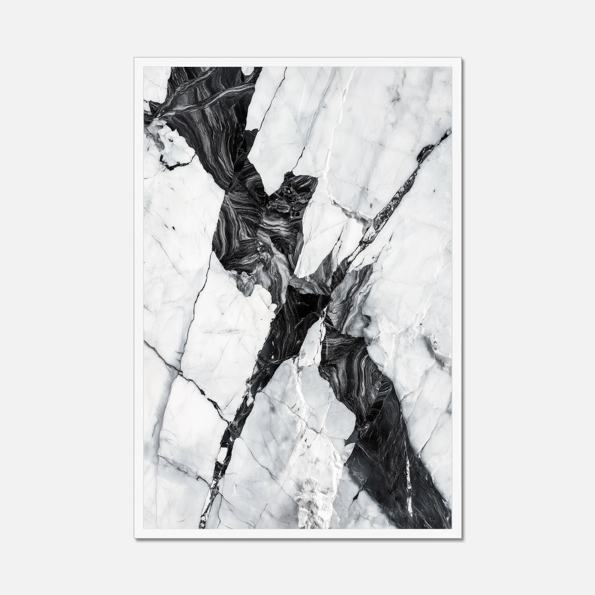 White framed black and white marble wall art on a white background