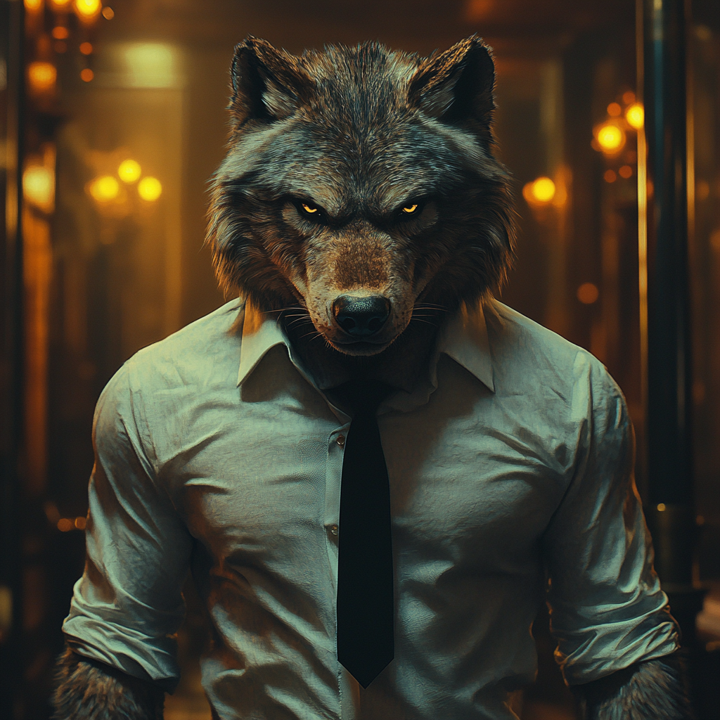 A wolf-headed humanoid figure wearing a light gray button-up shirt and black tie, standing in a warmly lit, blurred interior hallway.