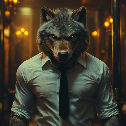 A wolf-headed humanoid figure wearing a light gray button-up shirt and black tie, standing in a warmly lit, blurred interior hallway.
