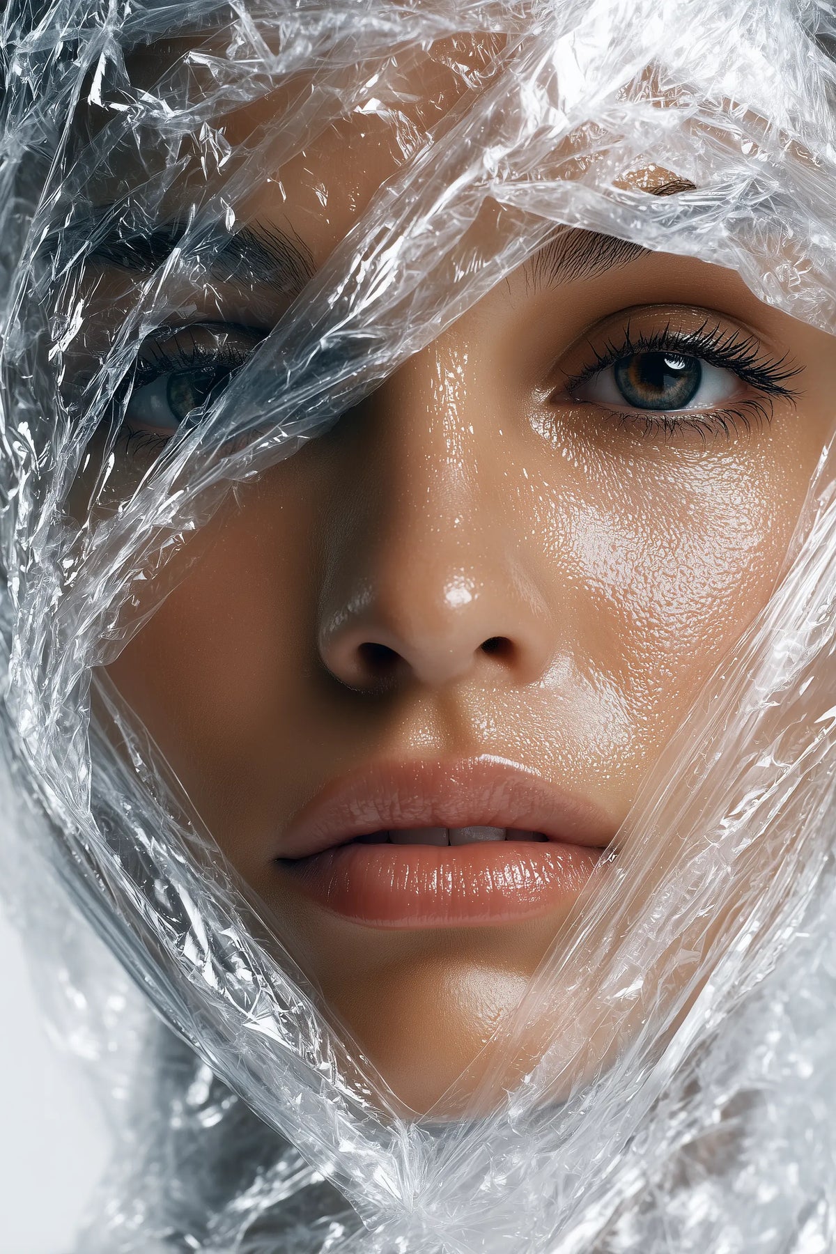 A close-up portrait of a woman's face wrapped in crinkled clear plastic, with her eyes and lips visible against a light neutral background.