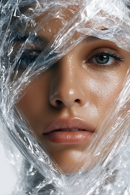A close-up portrait of a woman's face wrapped in crinkled clear plastic, with her eyes and lips visible against a light neutral background.