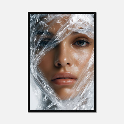 Framed artwork of a woman's face partially covered by clear plastic wrap on a white background
