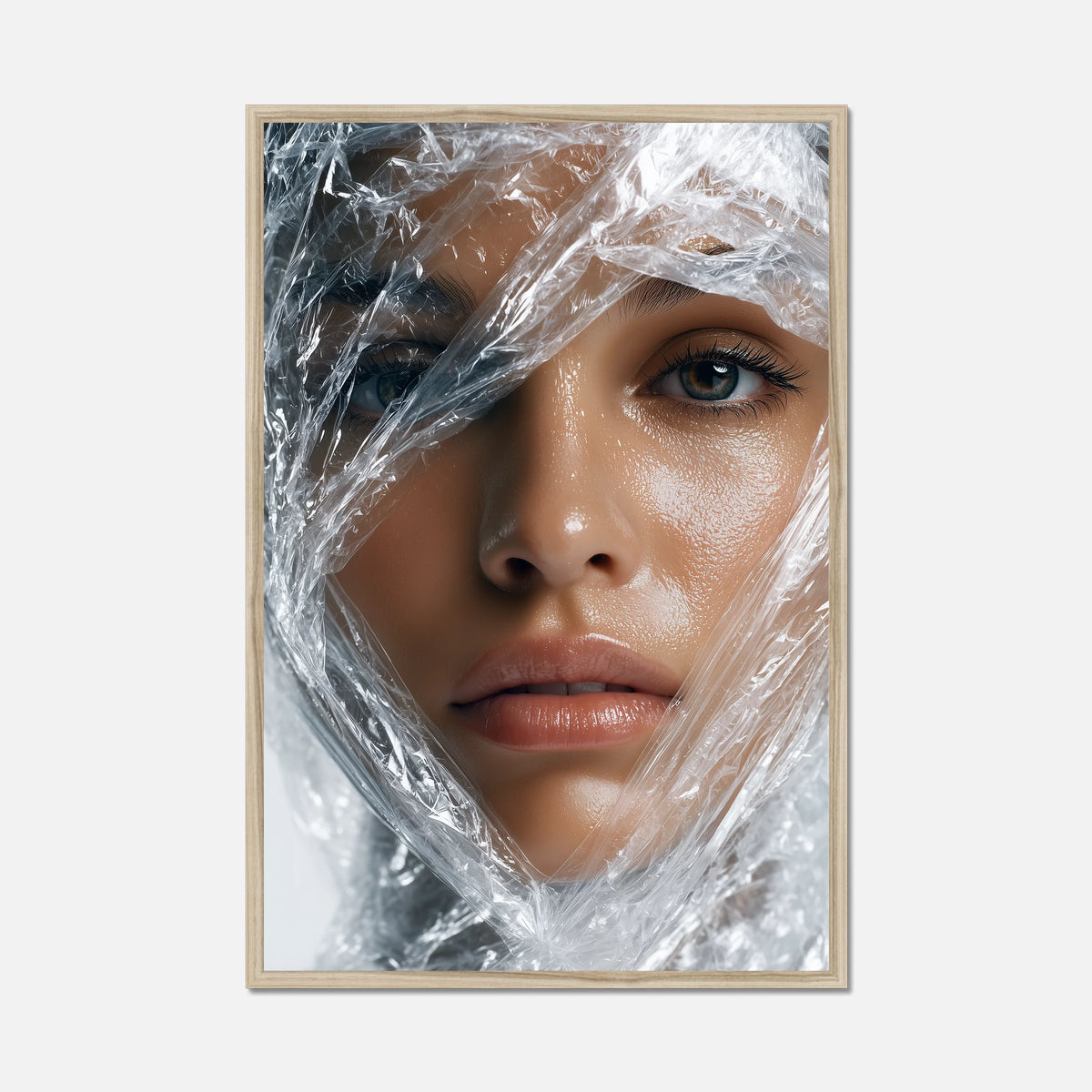Framed artwork of a woman's face partially covered by clear plastic wrap on a white background