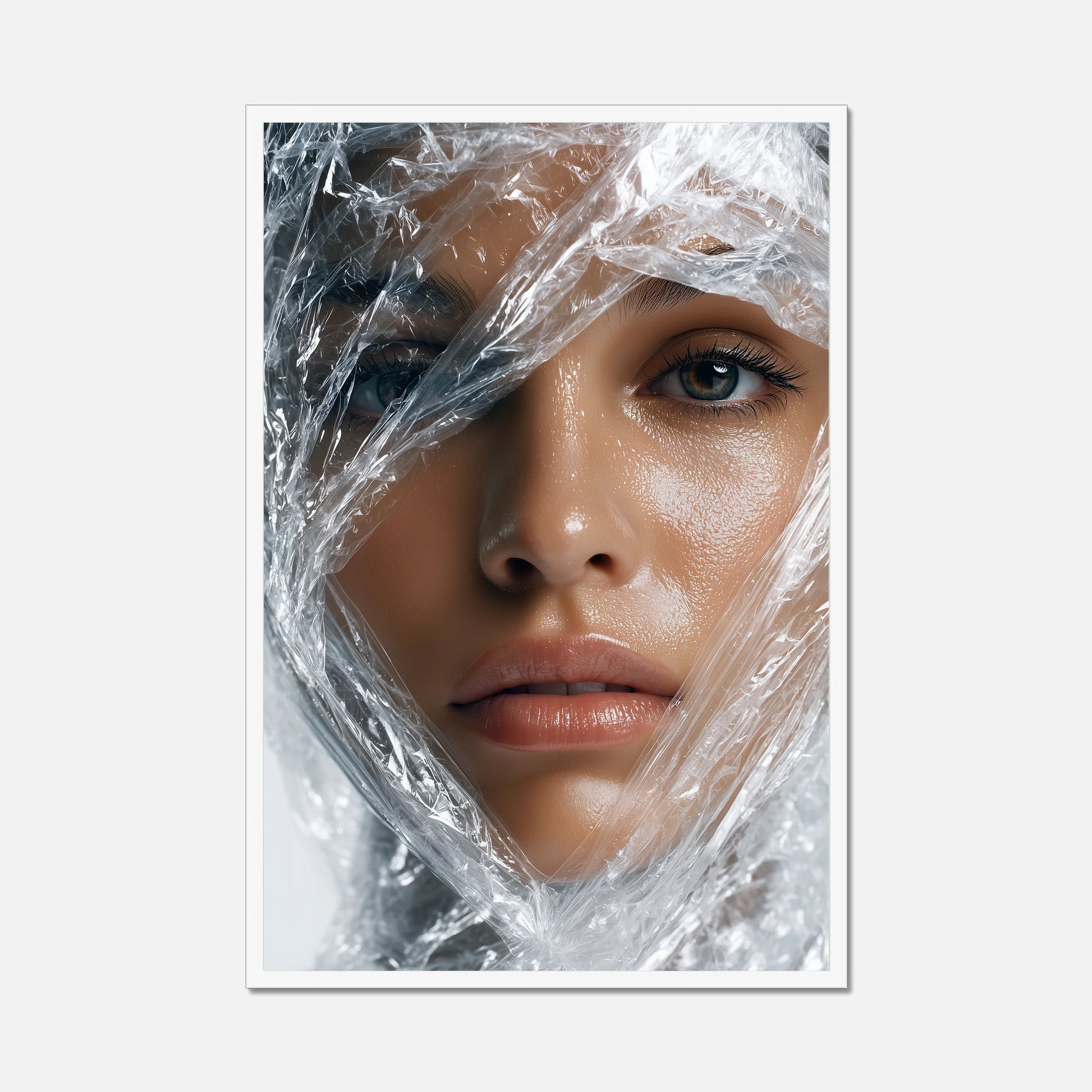 Close-up of a person's face partially covered by clear plastic wrap on a white background