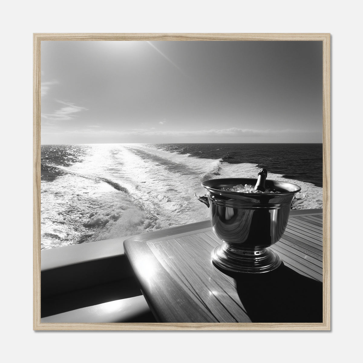 Natural oak framed print of the back of a yacht with a wooden table and champagne bucket