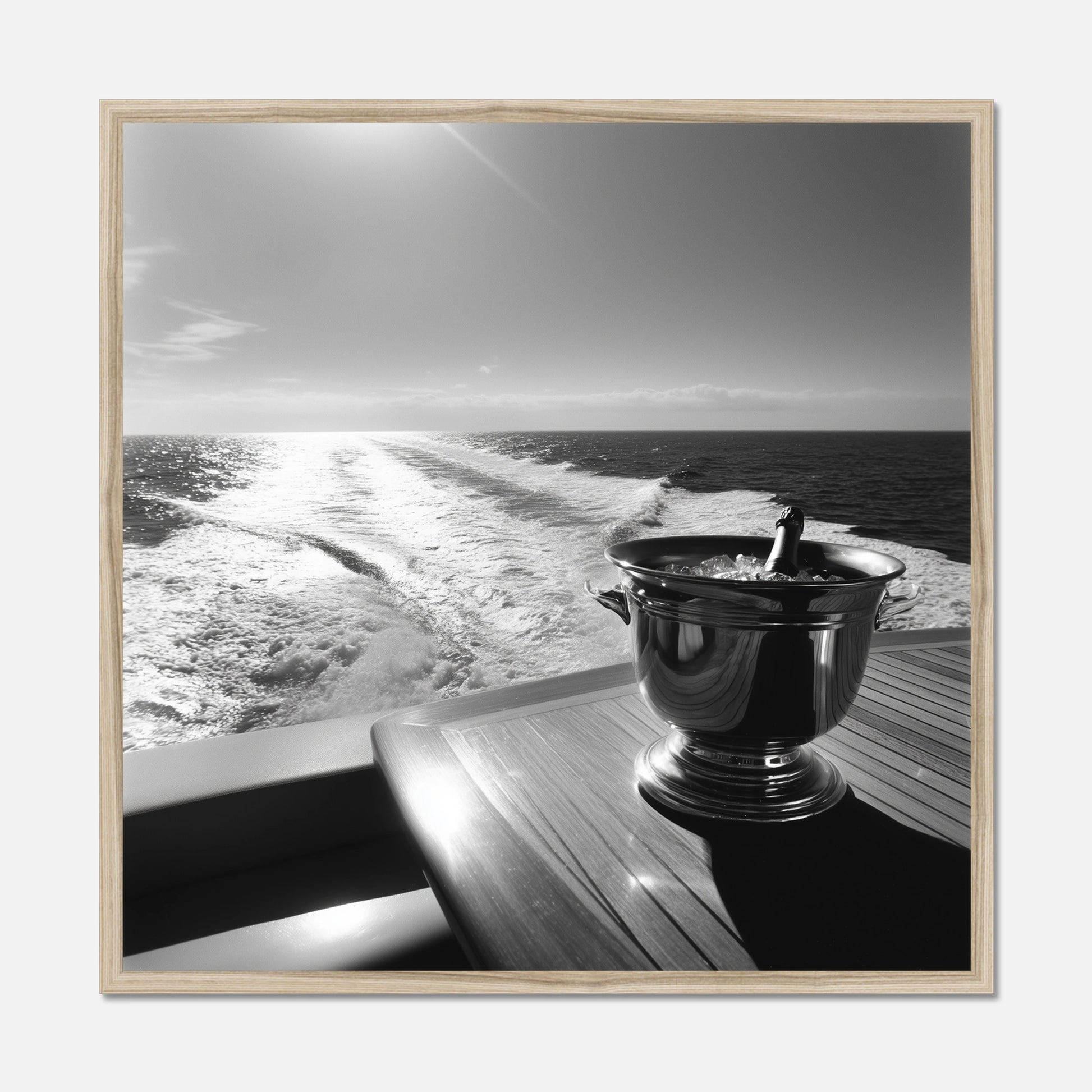 Natural oak framed print of the back of a yacht with a wooden table and champagne bucket