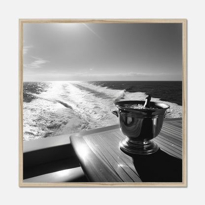 Natural oak framed print of the back of a yacht with a wooden table and champagne bucket