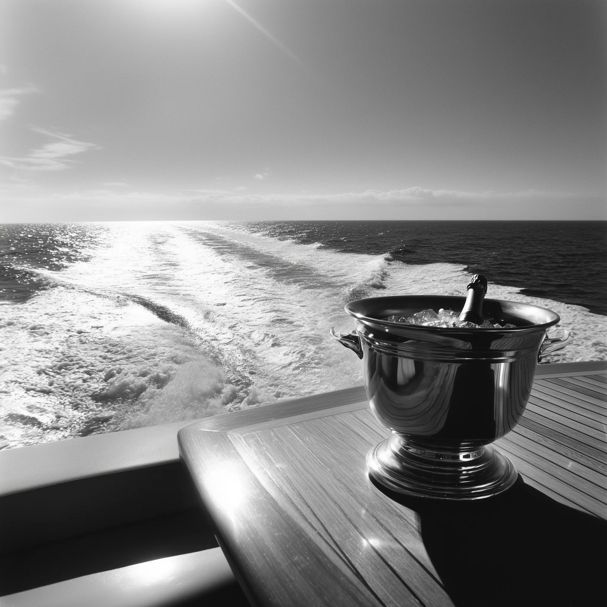 A polished metal champagne bucket filled with ice and a bottle, set on a wooden yacht deck with the ocean and wake visible in the background.
