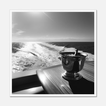 White framed print of the back of a yacht with a wooden table and champagne bucket