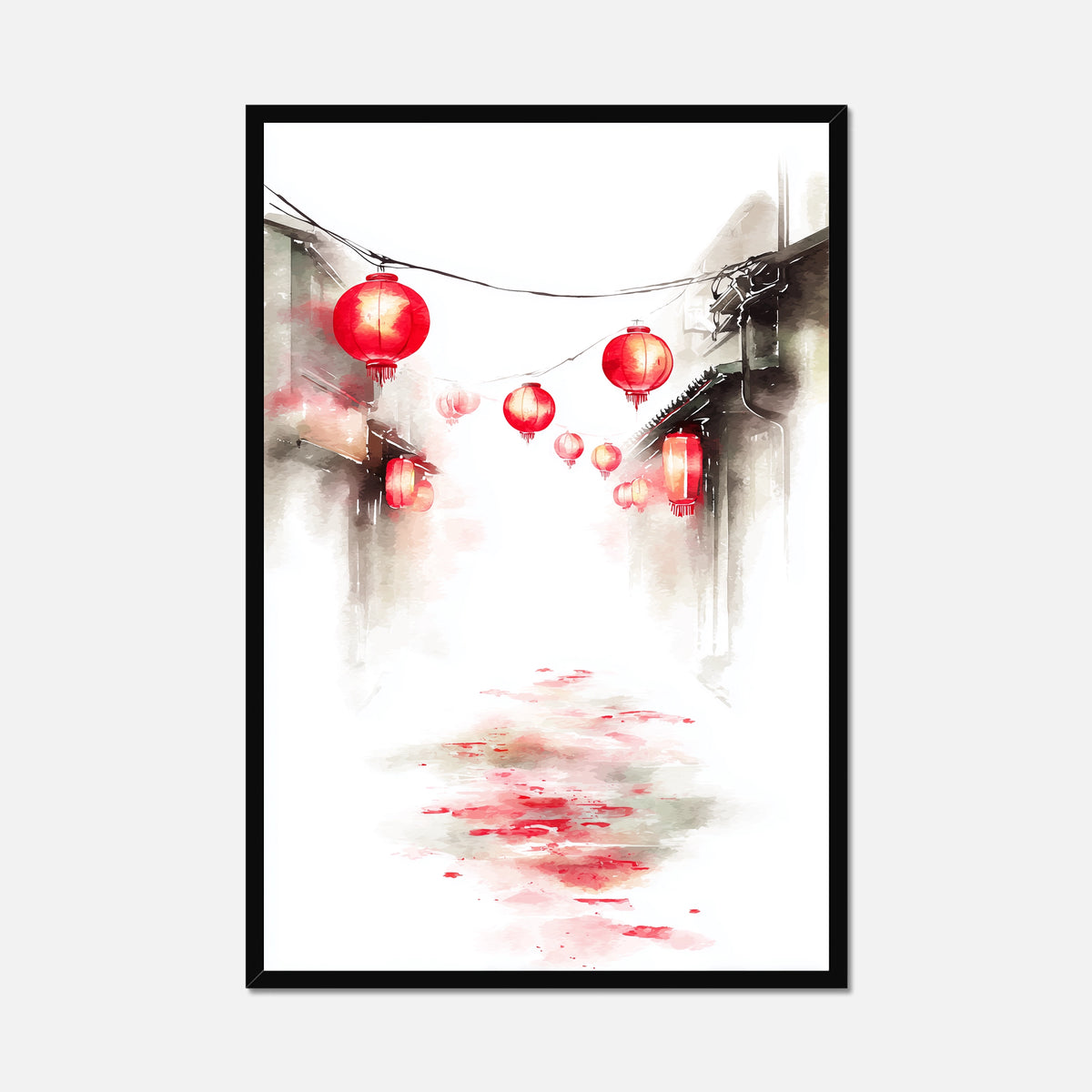A framed vertical art print depicting a traditional Chinese alleyway with red lanterns hanging overhead and red watercolor splatters on the ground, shown against a light gray background.