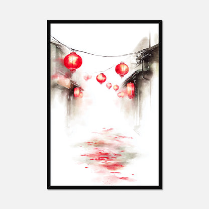 A framed vertical art print depicting a traditional Chinese alleyway with red lanterns hanging overhead and red watercolor splatters on the ground, shown against a light gray background.