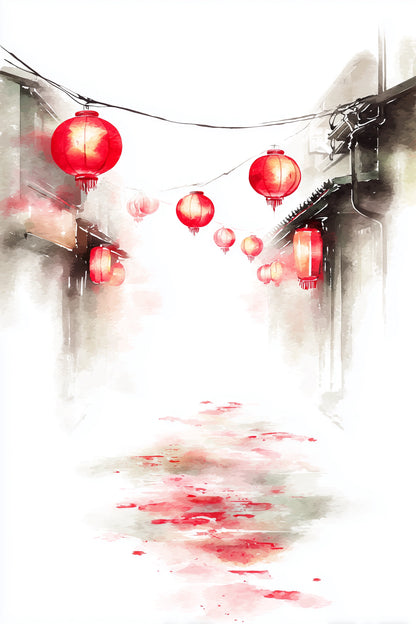 Watercolor-style artwork of a narrow street lined with hanging red lanterns, with soft gray and black architectural details fading into a bright white background.