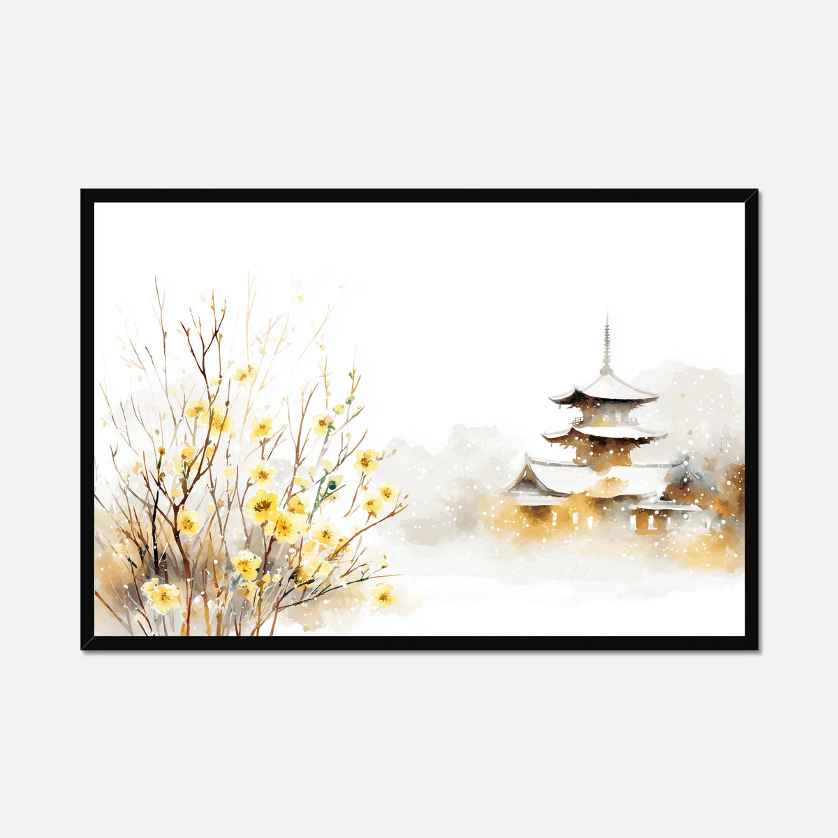 Black framed artwork with a pagoda and yellow flowers on a white background