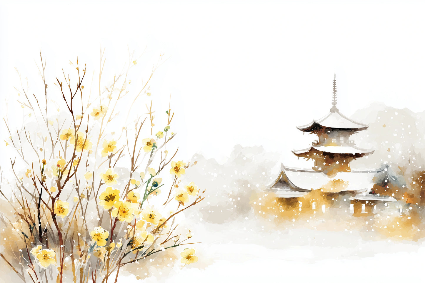 Watercolor-style artwork showing a snowy pagoda on the right and yellow blossoms on bare branches on the left, set against a soft white and warm beige background.