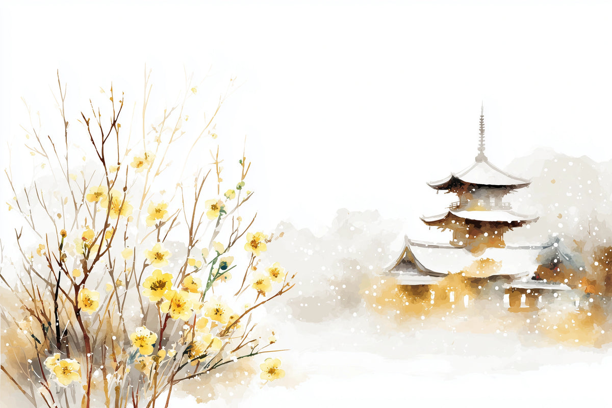 Watercolor-style artwork showing a snowy pagoda on the right and yellow blossoms on bare branches on the left, set against a soft white and warm beige background.