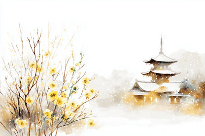Watercolor-style artwork showing a snowy pagoda on the right and yellow blossoms on bare branches on the left, set against a soft white and warm beige background.