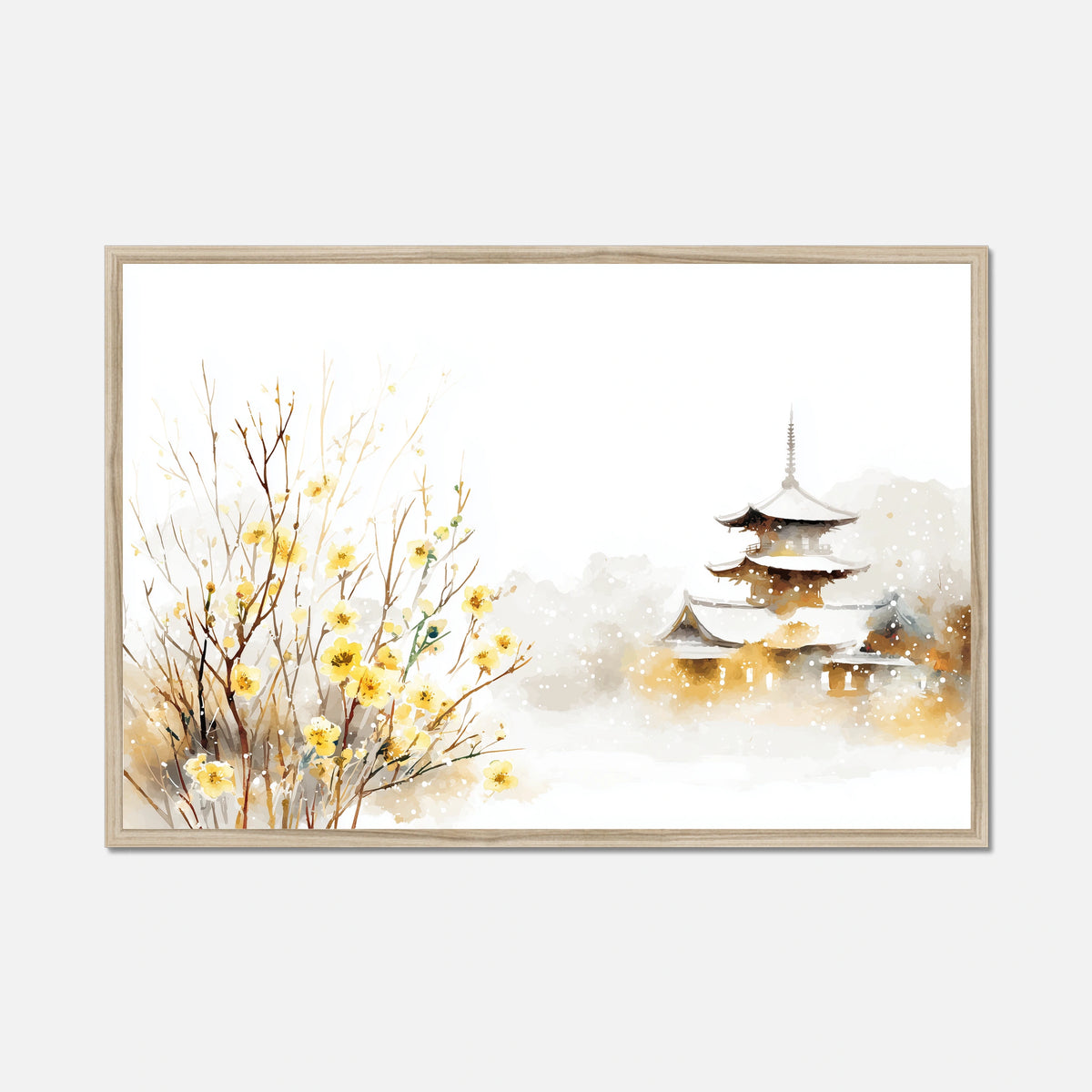 Natural oak framed artwork with a pagoda and yellow flowers on a white background
