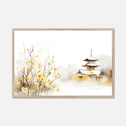 Natural oak framed artwork with a pagoda and yellow flowers on a white background