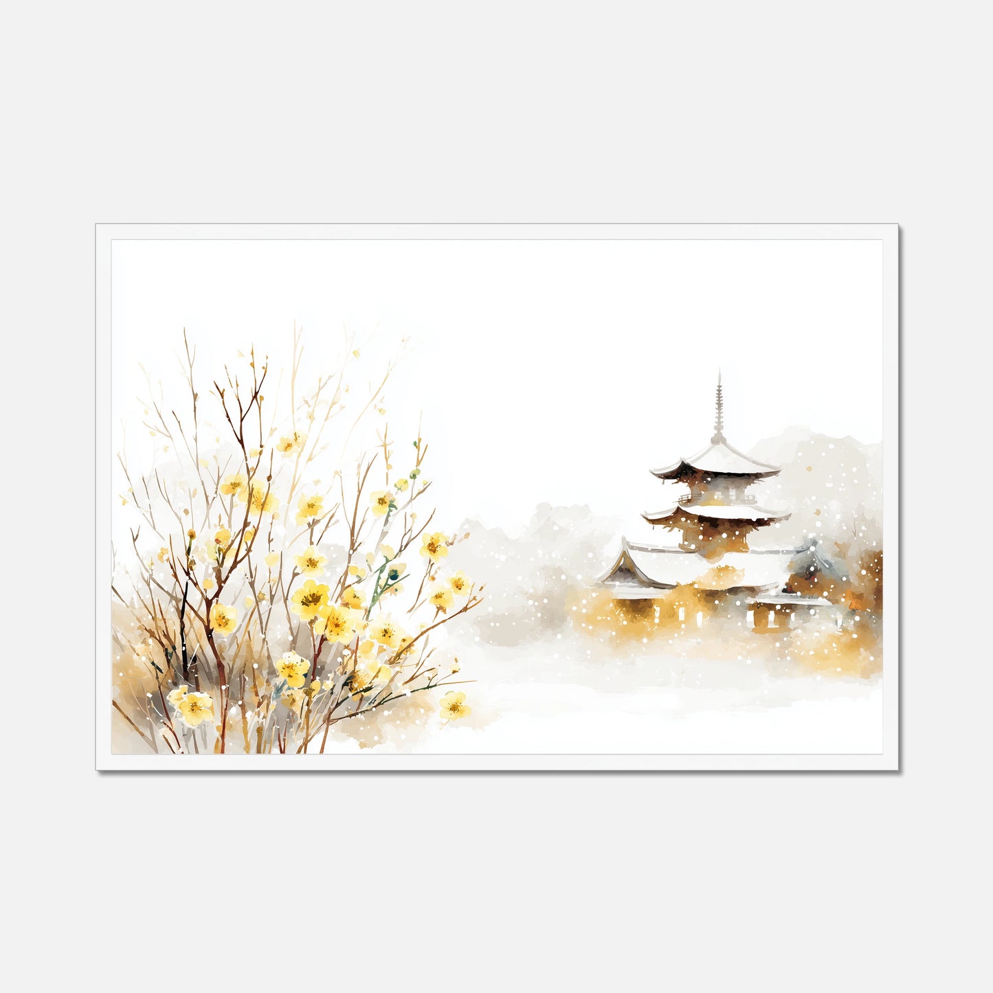 A framed watercolor art print featuring a Japanese pagoda on the right and yellow blossoms on the left, set against a snowy white background with a light gray outer backdrop.