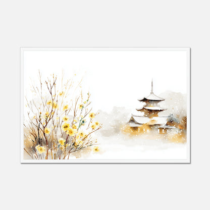 A framed watercolor art print featuring a Japanese pagoda on the right and yellow blossoms on the left, set against a snowy white background with a light gray outer backdrop.