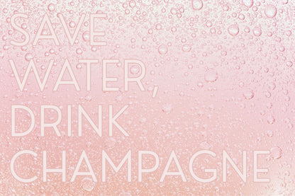 A rectangle graphic with the phrase 'SAVE WATER, DRINK CHAMPAGNE' in large, thin white sans-serif letters over a soft pink background filled with bubbles.