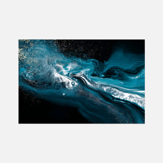 Abstract artwork with swirling blue and black colors on a white background