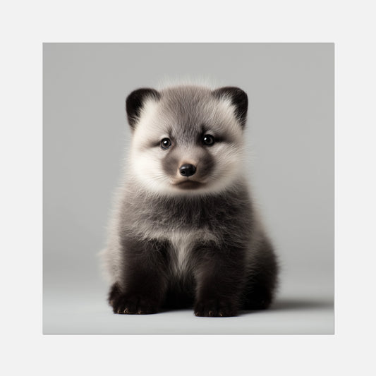 Fine art print photograph of an arctic fox on a grey background.
