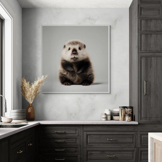 Kitchen with a framed picture of an beaver on the wall