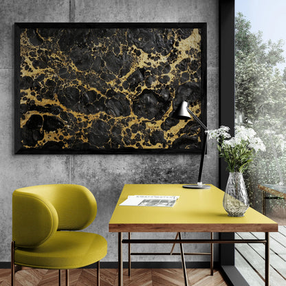 Modern interior with a yellow table, green chair, and abstract art on the wall.