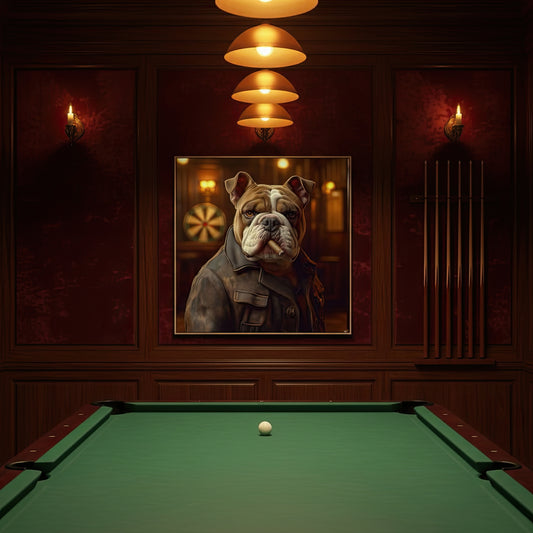 Pool table with a framed picture of a bulldog wearing  smokers coat on a wall in a dimly lit room.