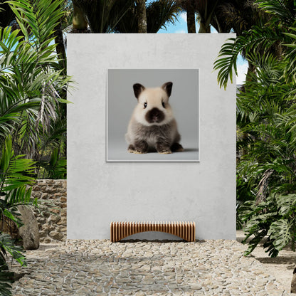 Framed picture of a rabbit on a stone path with greenery
