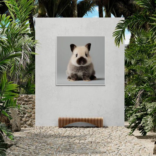 Framed picture of a rabbit on a stone path with greenery