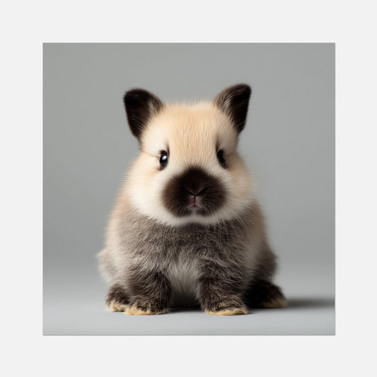 Small rabbit with a white face and gray body on a gray background
