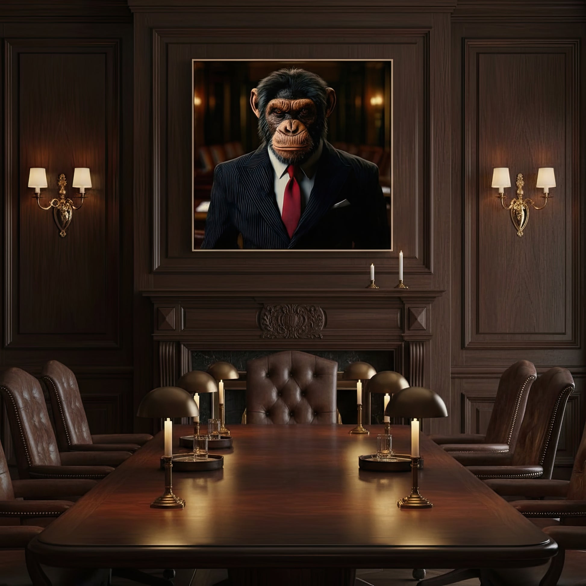 Dramatic room with a painting of a chimpanzee in formal attire, candles, and leather chairs.
