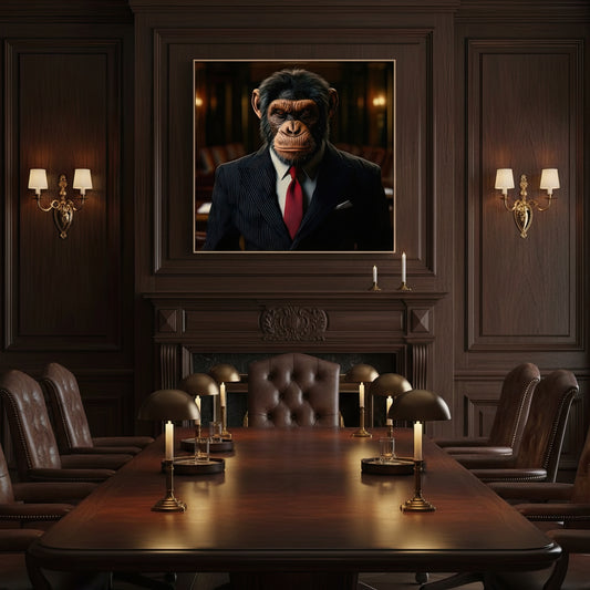 Dramatic room with a painting of a chimpanzee in formal attire, candles, and leather chairs.