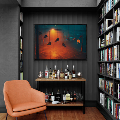 Modern room with orange chair, bookshelves, and a shelf with bottles and glasses.