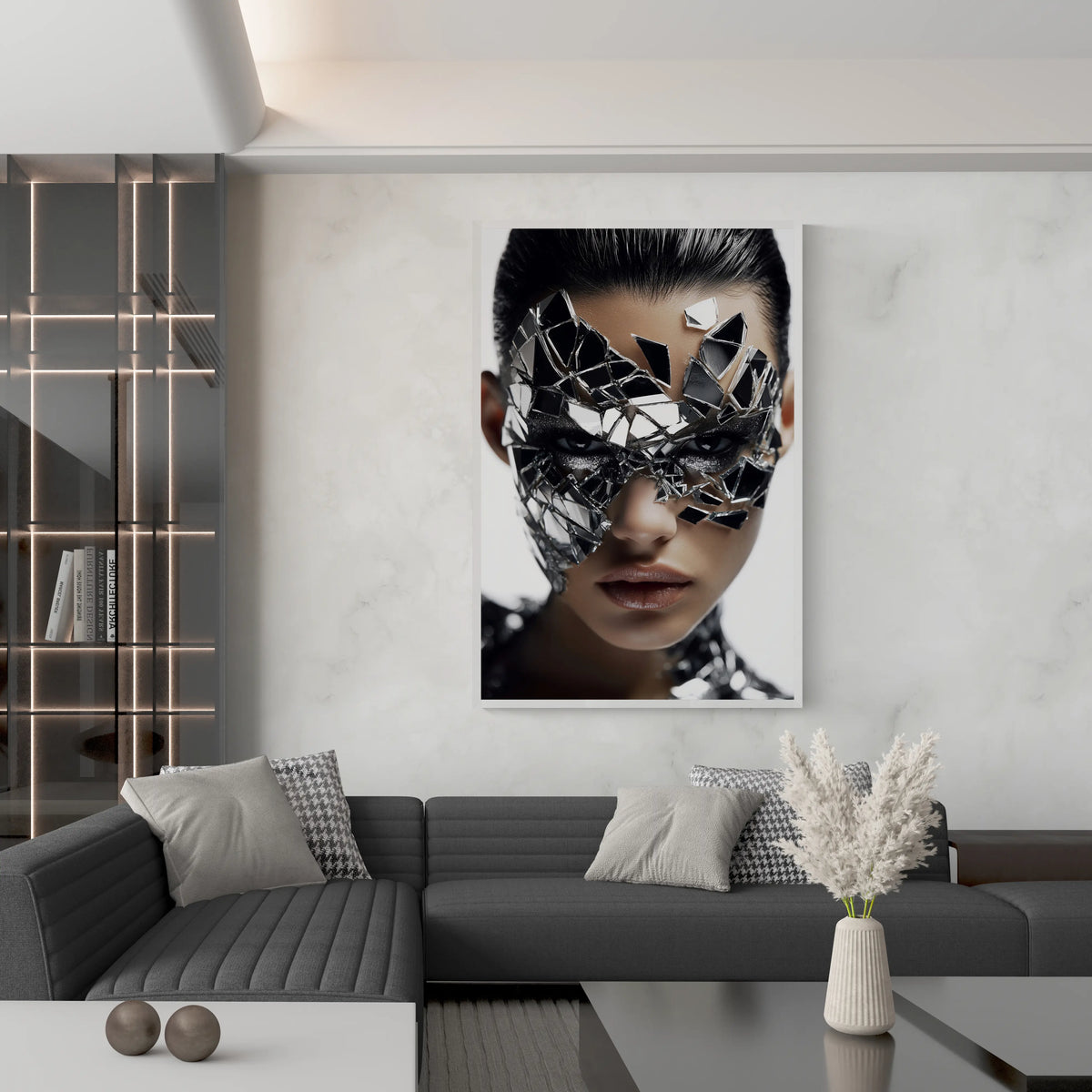 Modern living room with a large white framed  wall art art of a women with the best cracked mirror face mask staring into the camera fiercely 