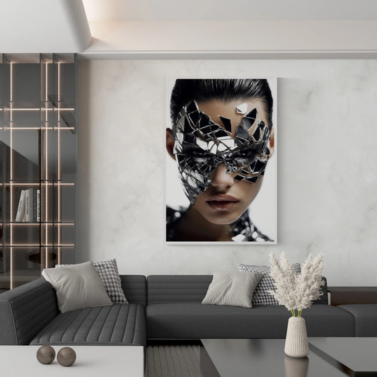 Modern living room with a large white framed  wall art art of a women with the best cracked mirror face mask staring into the camera fiercely 