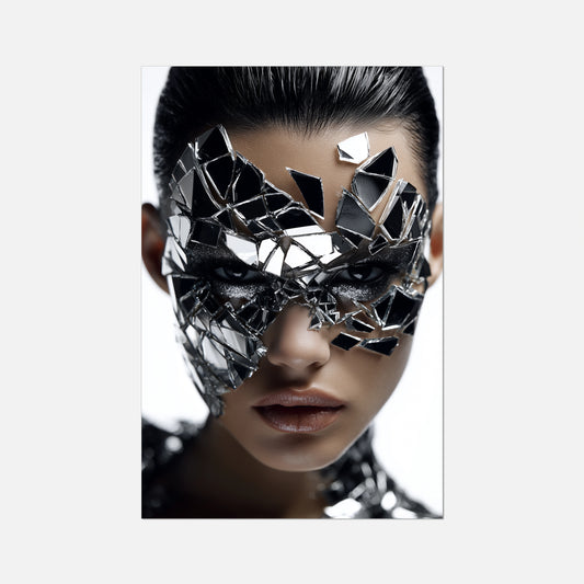 Fine art print of a women with the best cracked mirror face mask staring into the camera fiercely 