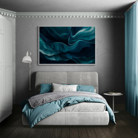 Modern bedroom with gray bed, abstract teal artwork, and side table.