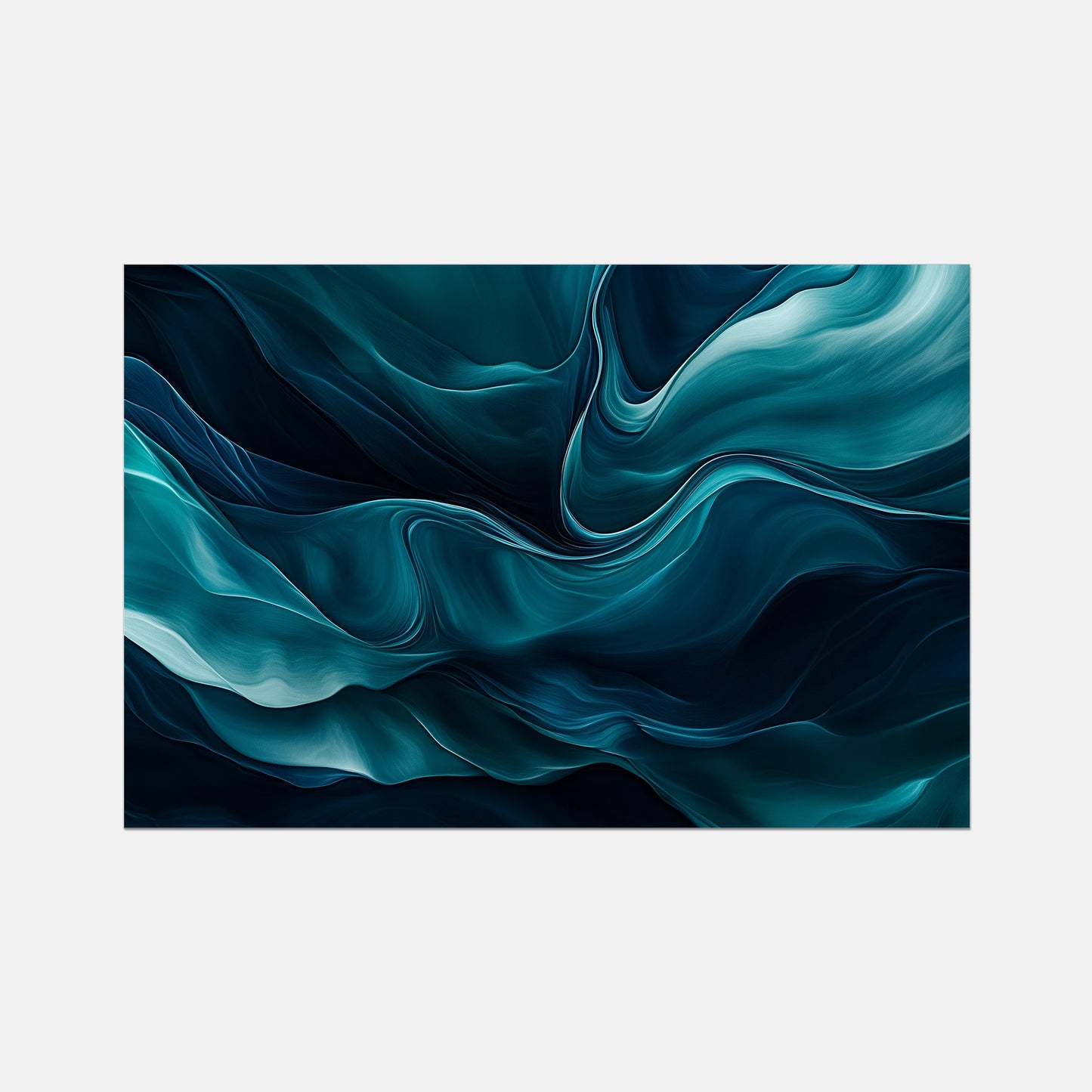 Abstract wall art print featuring flowing, liquid-like waves in deep teal, blue, and black tones, centered on a light gray background.