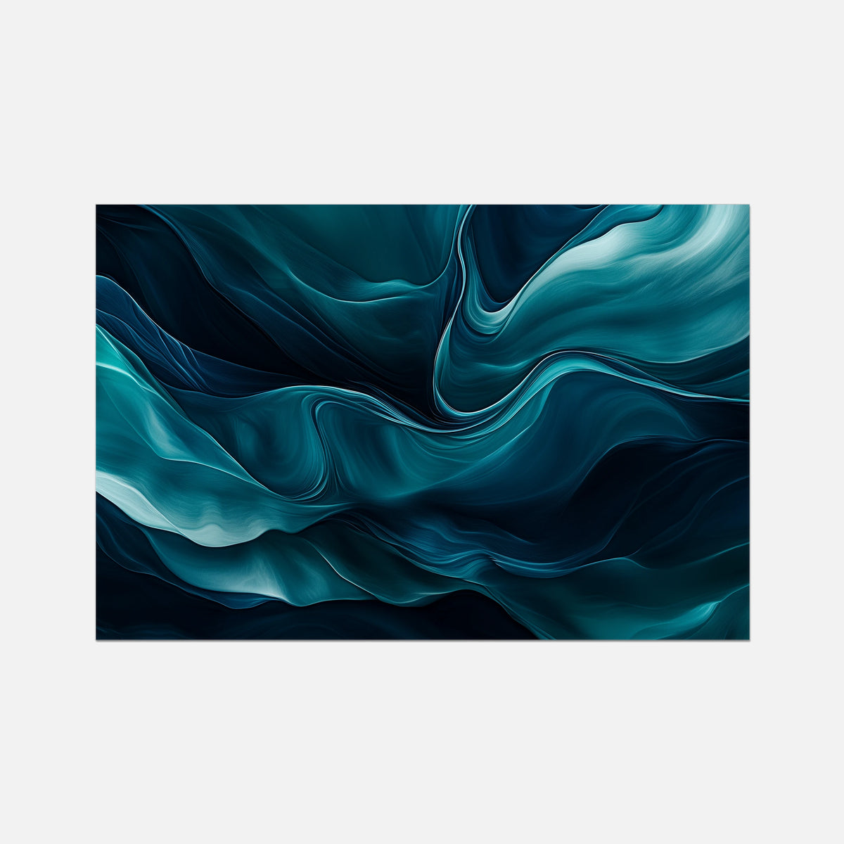 Abstract wall art print featuring flowing, liquid-like waves in deep teal, blue, and black tones, centered on a light gray background.