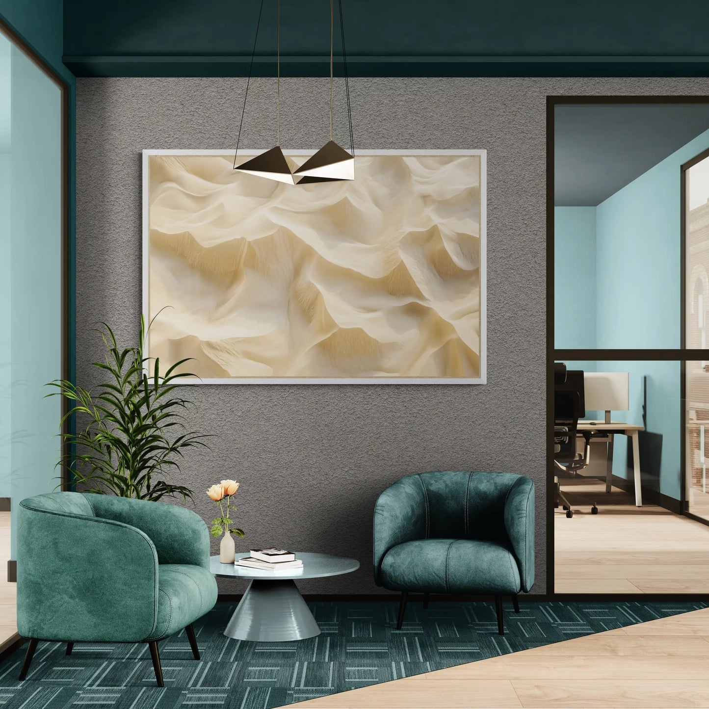 Modern office interior with teal chairs, a abstract painting, and a plant.