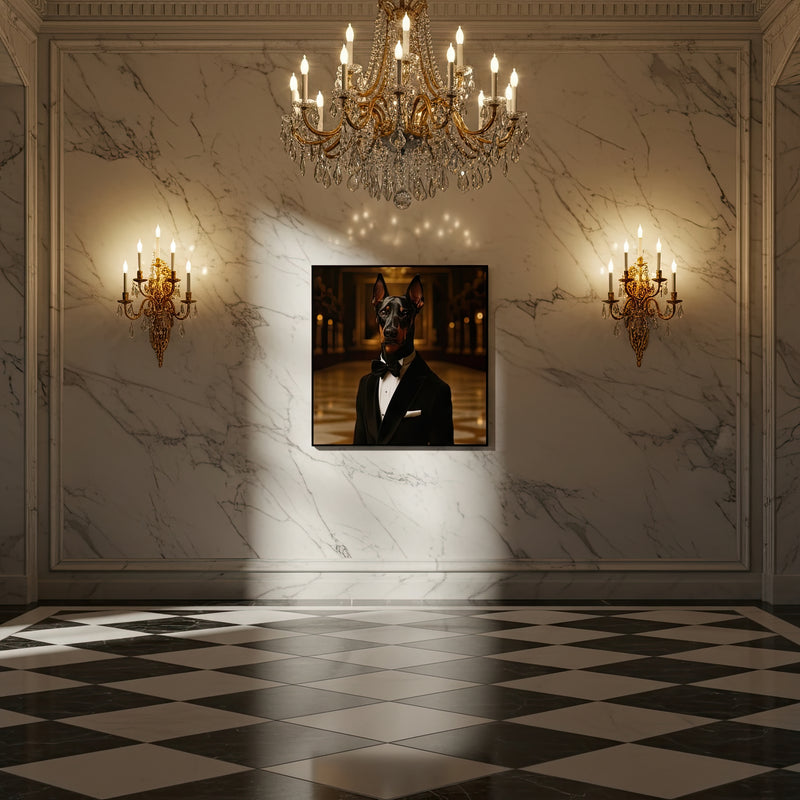 Luxurious room with marble walls, chandelier, and framed picture of a Dobermann wearing a tuxedo.