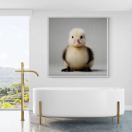 Framed photograph of a duckling on a gray background in a modern interior bathroom setting.