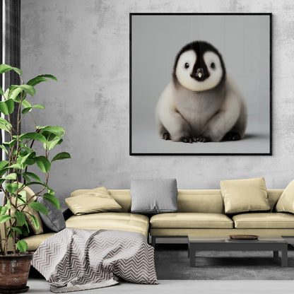 A framed square wall art print of a fluffy baby penguin hanging above a beige sectional sofa in a modern living room with a gray concrete wall, green plant, and throw blanket.