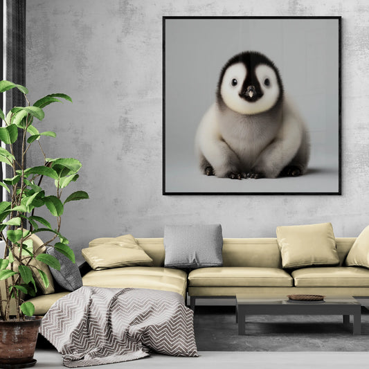 A framed square wall art print of a fluffy baby penguin hanging above a beige sectional sofa in a modern living room with a gray concrete wall, green plant, and throw blanket.