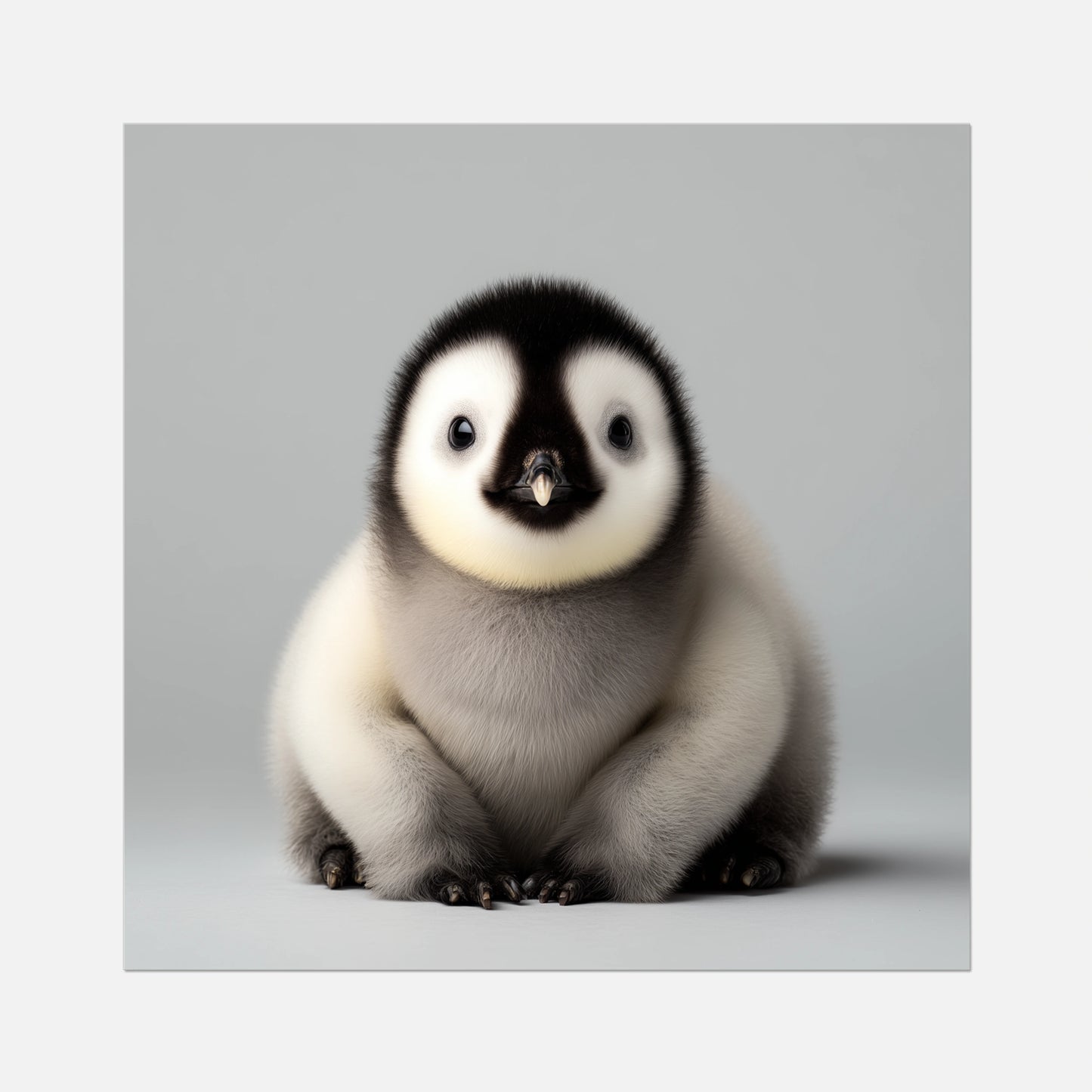 Cute baby penguin sitting on a light gray background