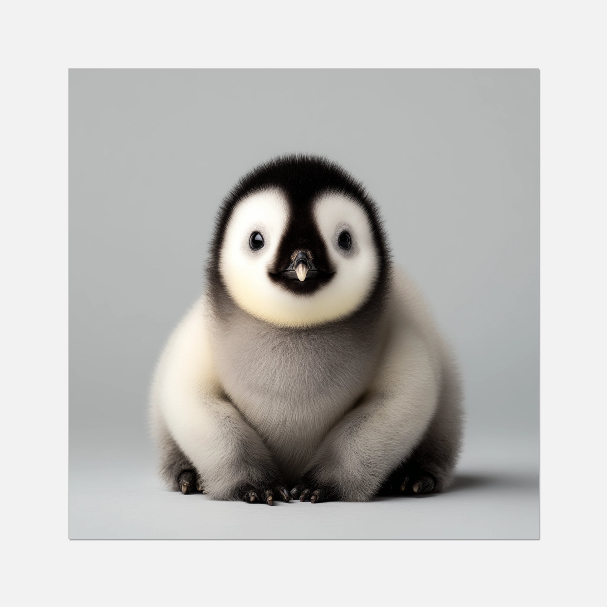 Cute baby penguin sitting on a light gray background